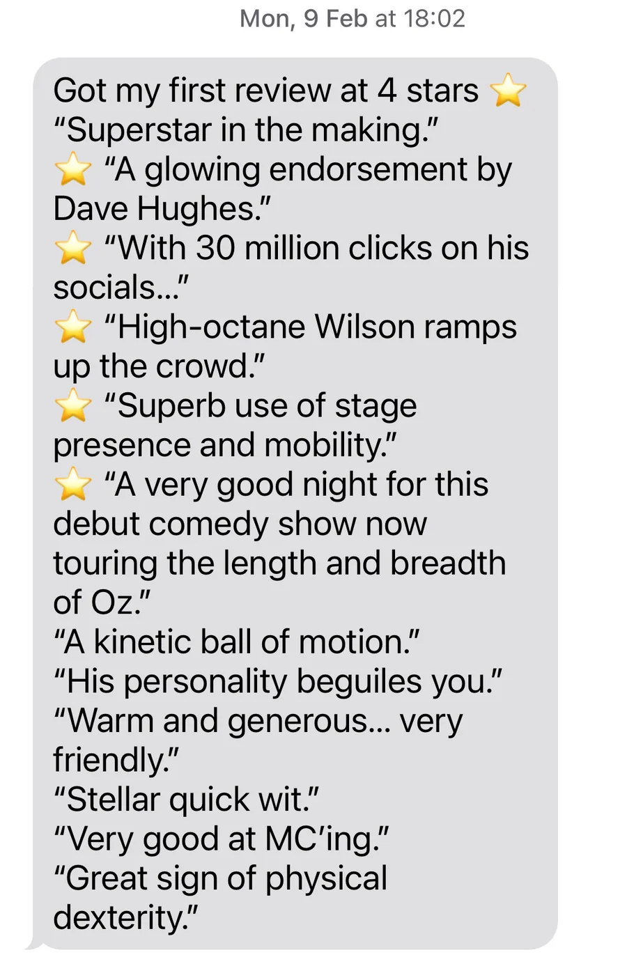 Message from Mickey Wilson @mickeywilson_comedy